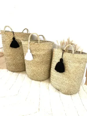 panière de rangement avec poignées et pompons