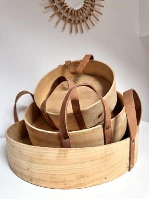 Série de 3 Plateaux tamis en bois anses en cuir