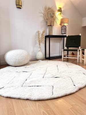 Tapis berbère Beni Ouarain rond Beige avec rainure Bleu Majorelle diamètre 2m