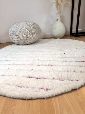 Tapis berbère Beni Ouarain rond Beige Rainure rose diamètre 130 cm