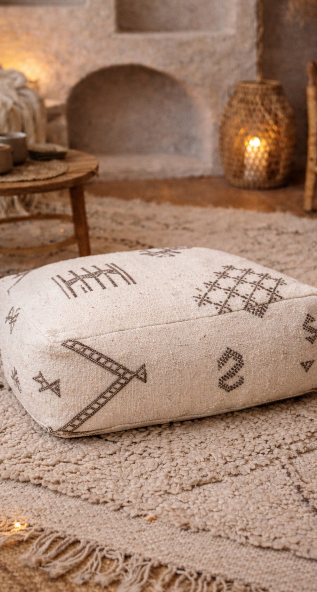 Pouf berbère Kilim choco et blanc beige